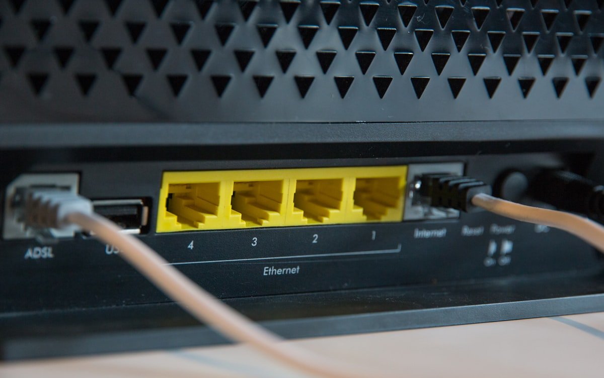 Close view of Ethernet ports on a home router